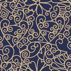 Simple endless golden lace pattern on dark blue background. © Happy Dragon