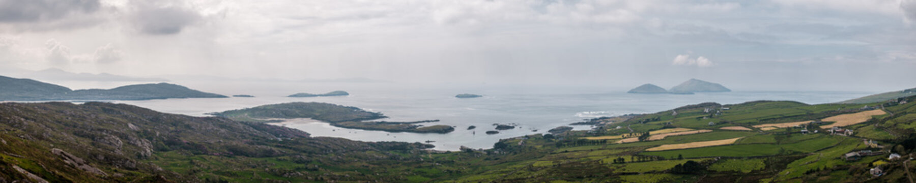 Panoramic view of village of Bealtra and islands in Ireland