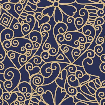 Simple endless golden lace pattern on dark blue background.