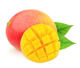 Composition with whole and cutted tropic mangoes with leaves isolated on white background. As design element.