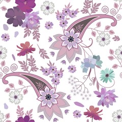 Gentle seamless ornament with paisley, mandala and bouquets of tender garden flowers on white background. Print for fabric, wallpaper.