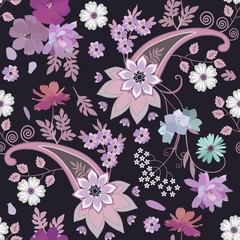 Elegant seamless pattern with mandala, paisley and bouquets of flowers in soft colors. Ethnic style. Indian, russian, turkish, persian motifs.