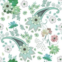 Seamless ethnic pattern with paisley, mandala and garden flowers in green tones on white background. Indian, persian, turkish motifs.