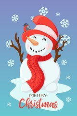 Greeting card. Creative hand drawn card with cute Snowman for winter holidays