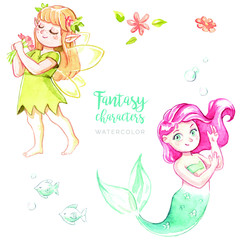 Watercolor fantasy characters set, hand drawn cute mermaid and little sweet fairy