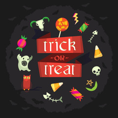 Trick or treat greeting card with spooky elements floating around. Vector illustration with dark background and red, orange, black and white elements