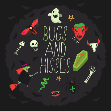 Bugs and hisses greeting card with spooky elements floating around wishing happy halloween. Vector illustration with dark background and red, green, black and white elements