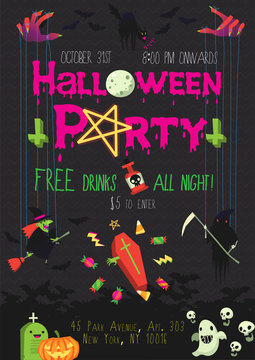 Vector poster for Halloween party with dark background and doodles. Icons and elements can be separated.
