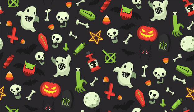 Bright cartoon Halloween pattern with traditional october holiday items. All elements can be used as isolated halloween decorations. Sweets, desserts and scary objects. Pattern swatch included