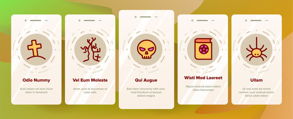 Color Different Halloween Icons Set Vector Onboarding Mobile App Page Screen. Pumpkin And Skull, Hat And Broomstick, Zombie And Ghost Halloween Assortment Decoration. Illustrations