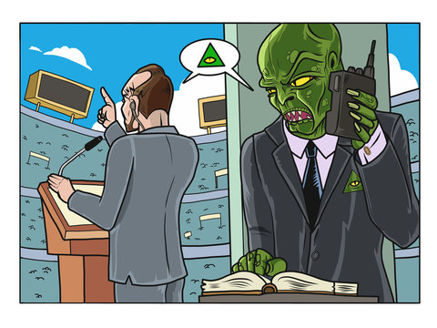 A reptilian dictating the speech to a dogmatic politician in a crowded stadium. Vector illustration