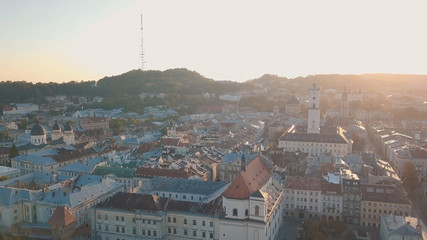 Obraz premium Aerial City Lviv, Ukraine. European City. Popular areas of the city. Town Hall
