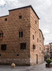 Fototapeta na wymiar House of Shells (Casa de las Conchas) in Salamanca, Spain. The architecture includes Gothic, Moorish and Italian styles, take in Salamanca, august 18, 2019