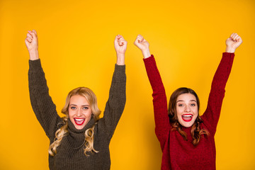 Amazing cheerleader ladies supporting favorite team devoted fans wear knitted jumpers isolated...