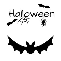 Illustration of happy Halloween template with text, spider, bats. Card, poster.
