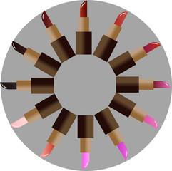 twelve lipsticks lie around. lipsticks set. cosmetic