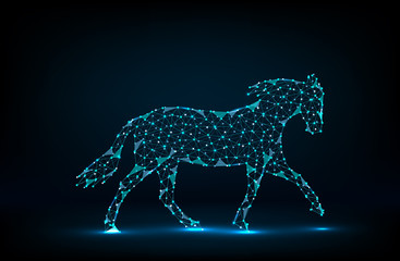 Abstract horse form lines and triangles, point connecting network on blue background.