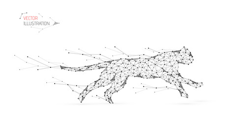 Abstract cheetah made of dots, points and lines. Speed illustration. Polygonal, geometry triangle.