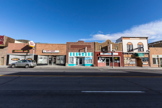 Morning view of small town brick storefronts along historic Lincoln Highway on October 16, 2016 in Ely, Nevada, USA.