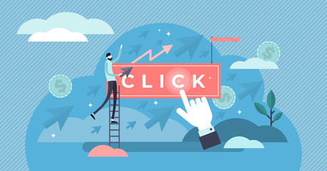 Naklejka premium Clicks vector illustration. Flat tiny pay per marketing persons concept.