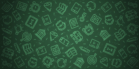 Back to school. Green blackboard background. School, office supplies. Doodle icons set and chalk inscription. Simple realistic design. Banner, poster template. Flat style vector illustration.