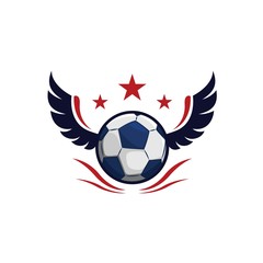 Football logo design with ball illustration with wings on side and stars on top