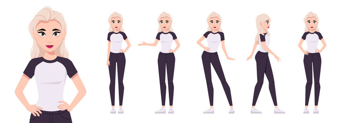 Girl character set isolated on a white background. Woman dressed in a T-shirt and jeans. Various poses. Mouth and body animation. Cute simple cartoon design. Flat style vector illustration.