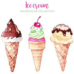 watercolor illustration of  hand drawn tasty ice cream set