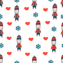 Fairytale fantastic gnome dwarf elf cartoon doodle funny vector seamless pattern. pattern a small man in a knitted cap and mittens. on backdrop of snowflakes and hearts.