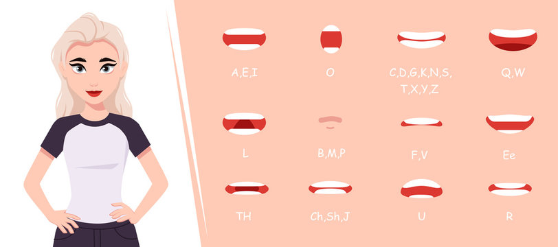 Human mouth set. Pretty girl lip sync collection for animation and sound pronunciation. Character face elements. Emotions: smiling, screaming. Simple cartoon design. Flat style vector illustration.