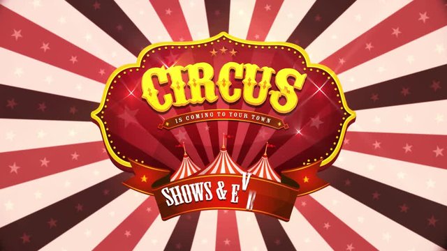 4k Vintage Circus Background/ Animation of an elegant vintage and retro circus background rotating, with frame ornament, sunbeams and stripes