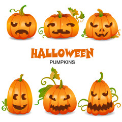 Halloween Set of pumpkins. Pumpkins with different emotions: angry, kind, cunning, sad. Foliage. Party collection