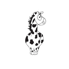 Cute black and white coloring page with giraffe on isolated white background.