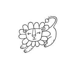 Cute black and white coloring page with lion on isolated white background.