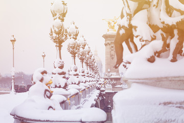 Pont Alexandre III after snowfall in Paris, France