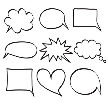 Monochrome vector speech boobles set. Set of hand drawn doodle frames for dialogue with place for text bubble. Vector illustration
