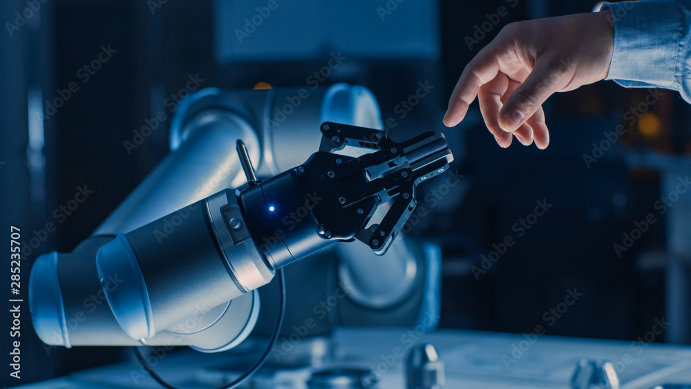 Aufkleber Futuristic Robot Arm Touches Human Hand in Humanity and Artificial Intelligence Unifying Gesture. Conscious Technology Meets Humanity. Concept Inspired by Michelangelo's Creation of Adam
