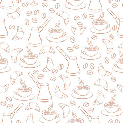 Croissant and coffee seamless pattern line style isolated on white background. Vector illustration