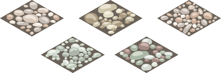 Obraz na płótnie Canvas Isometric stone texture tiles. Set of stones, rocks, cobble,shingle on ground for design landscape scenes or background