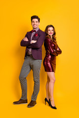 Vertical full length body size view of his he her she nice-looking attractive gorgeous content cheerful cheery gentleman lady folded arms isolated over bright vivid shine yellow background