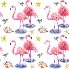 Two lovers pink flamingo standing in water. isolated on white background. Watercolor illustration - 285236952