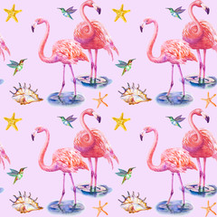 Two lovers pink flamingo standing in water. isolated on pink background. Watercolor illustration - 285236991