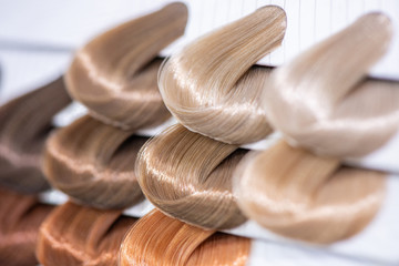 Hair color chart. Palette of dyed shiny hair samples. Catalog for selection in a beauty salon