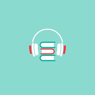 stack of books with headphones or headset on powder blue background. Flat vector illustration.