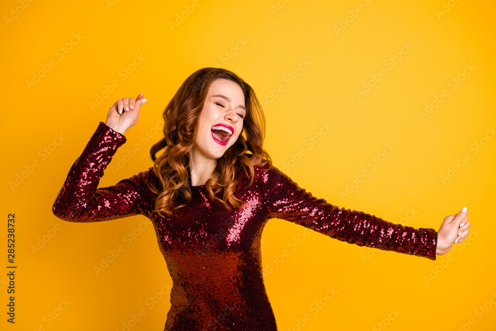 Poster Portrait of her she nice-looking attractive charming fascinating lovely glamorous cheerful cheery glad wavy-haired girl having fun isolated over bright vivid shine yellow background