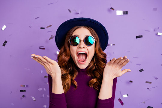 Close up photo of lovely vintage student shouting isolated over purple background