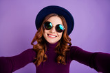 Close up photo of charming millennial make photo isolated over purple violet background