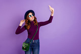 Portrait of lovely youth make photo wear trendy stylish denim clothing eyewear eyeglasses isolated over purple violet background