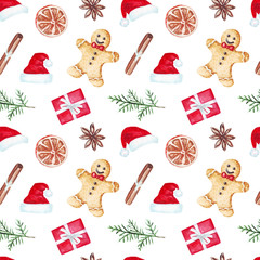 Watercolor seamless pattern with lollipop, fir branches, Christmas ball, bow, candle, holly, cinnamon, cardamom, poinsettia, cone