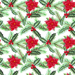 Watercolor seamless pattern with lollipop, fir branches, Christmas ball, bow, candle, holly, cinnamon, cardamom, poinsettia, cone